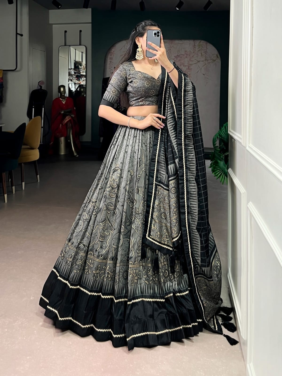 Tasar Silk Kalamkari Printed Lehenga with Lace Border & Tassel Dupatta